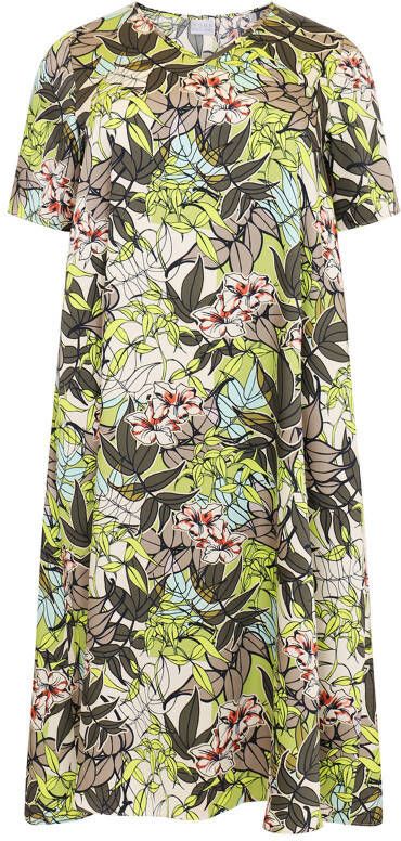 Yoek wijde midi jurk met blad print LISA lichtgroen/donkergroen/wit