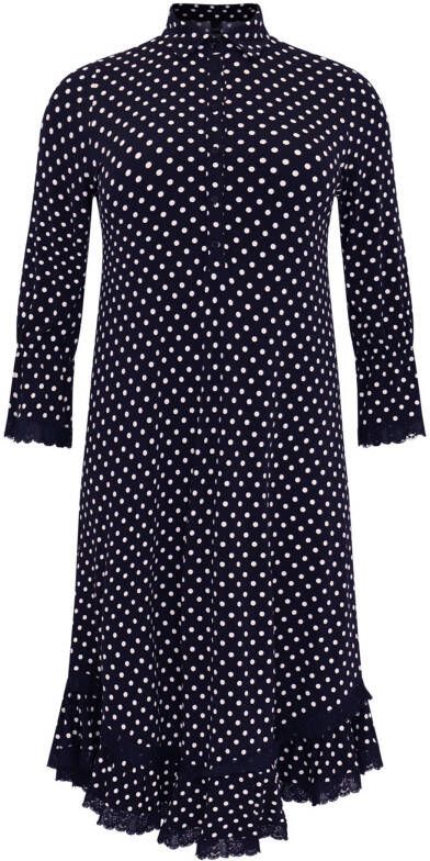 Yoek wijdvallende maxi jurk met volant en kant POLKADOT donkerblauw/wit