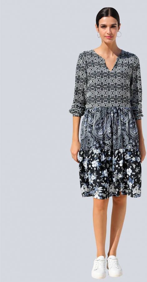 alba moda Jurk met dessinmix Blauw/Offwhite/Zwart