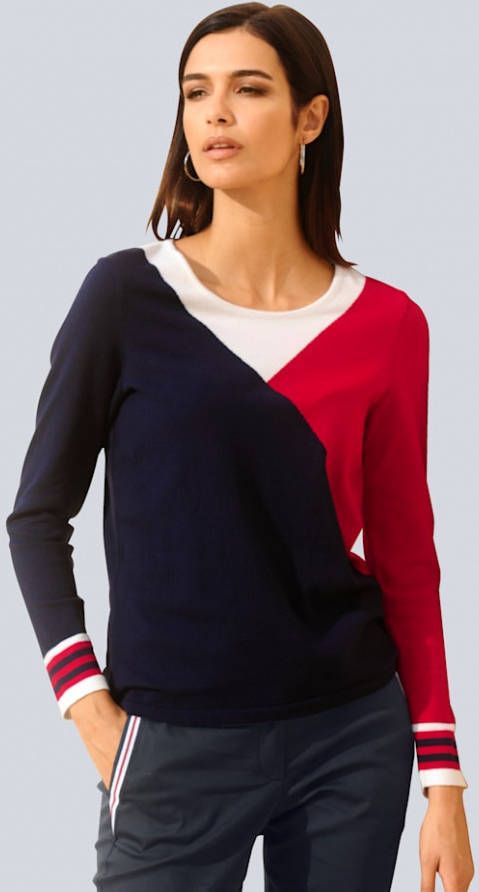 alba moda Trui in color blocking design Marine/Rood/Ecru