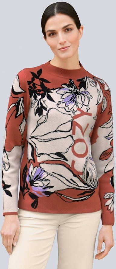 alba moda Trui met grafisch dessin Geel/Zwart/Offwhite