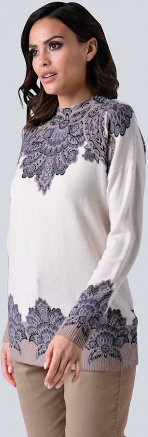 alba moda Trui van kasjmier met print Offwhite/Taupe/Zwart