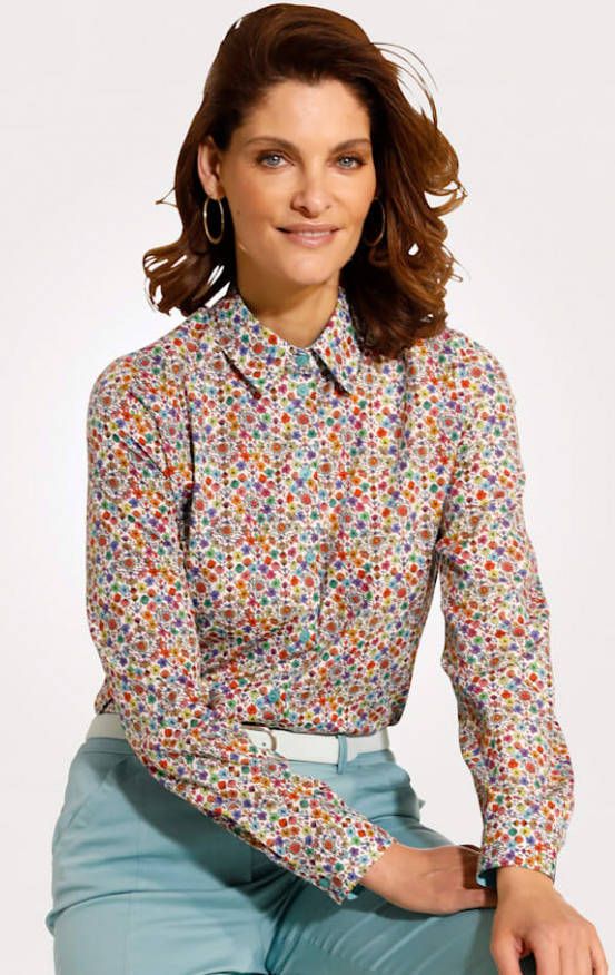 MONA Blouse met millefleursdessin Turquoise/Multicolor