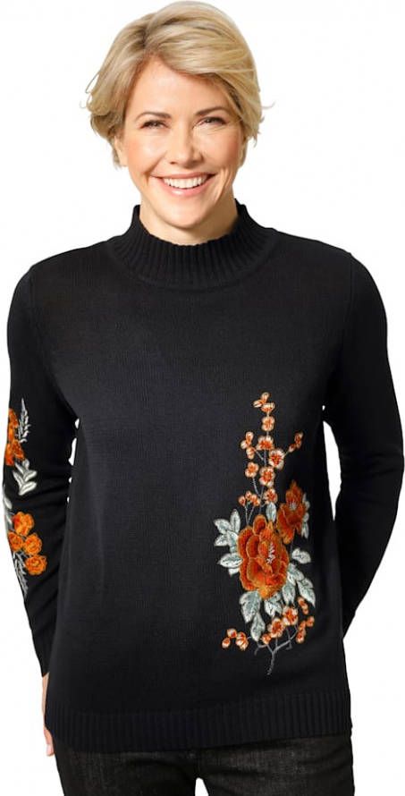 MONA Trui met bloemenborduursel Zwart/Rood